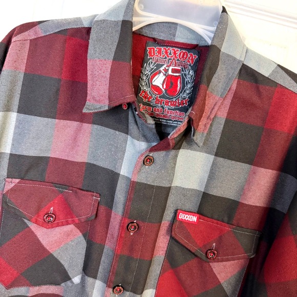 Dixxon The Brawler Flannel Shirt Red Black‎ Plaid Button Men's L Workwear Casual - Picture 1 of 10
